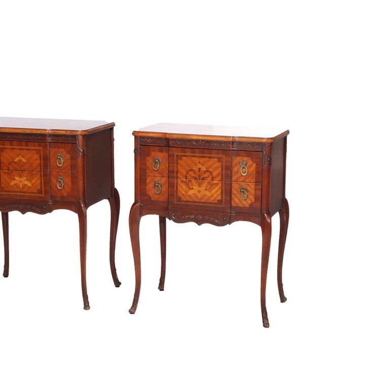 Pair Of Antique French Louis XV Mahogany & Satinwood Inlaid 2-Drawer Stands
