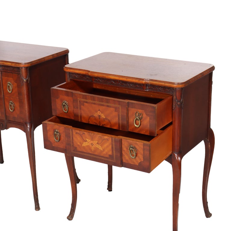 Pair Of Antique French Louis XV Mahogany & Satinwood Inlaid 2-Drawer Stands