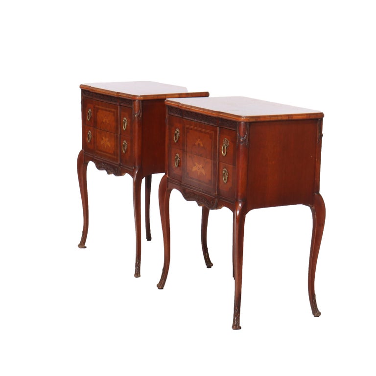 Pair Of Antique French Louis XV Mahogany & Satinwood Inlaid 2-Drawer Stands