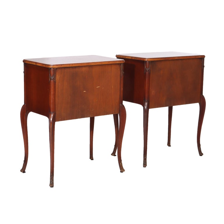 Pair Of Antique French Louis XV Mahogany & Satinwood Inlaid 2-Drawer Stands