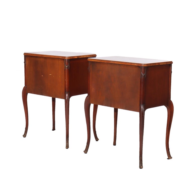 Pair Of Antique French Louis XV Mahogany & Satinwood Inlaid 2-Drawer Stands