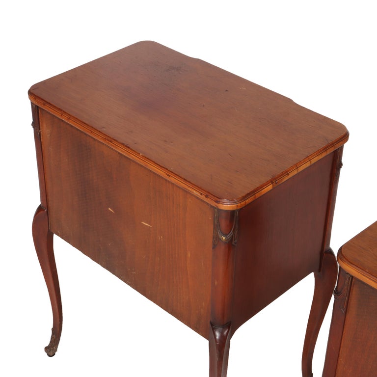 Pair Of Antique French Louis XV Mahogany & Satinwood Inlaid 2-Drawer Stands