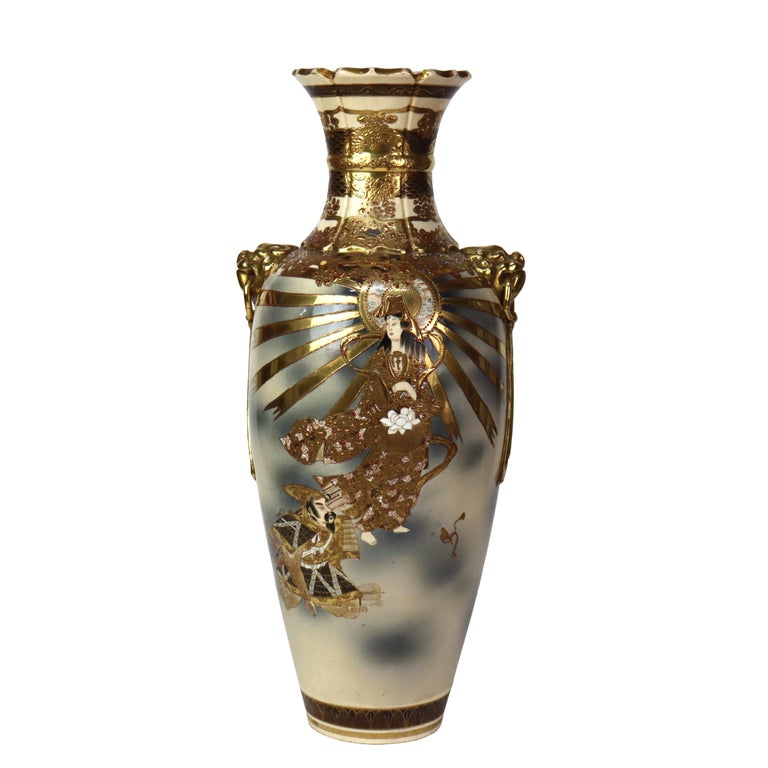 Antique Japanese Meiji Satsuma Figural Gilt Pottery Vase C1900