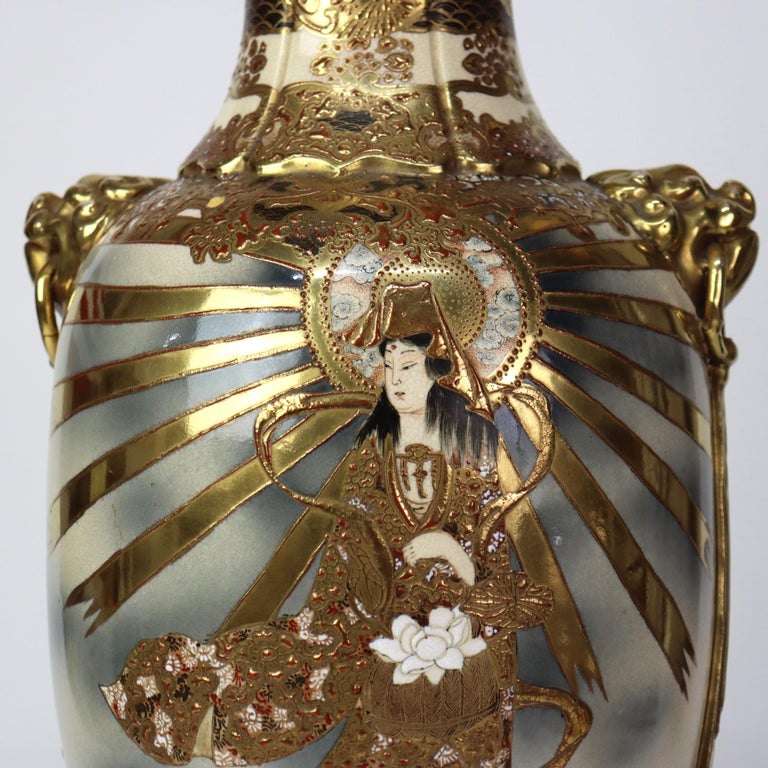 Antique Japanese Meiji Satsuma Figural Gilt Pottery Vase C1900