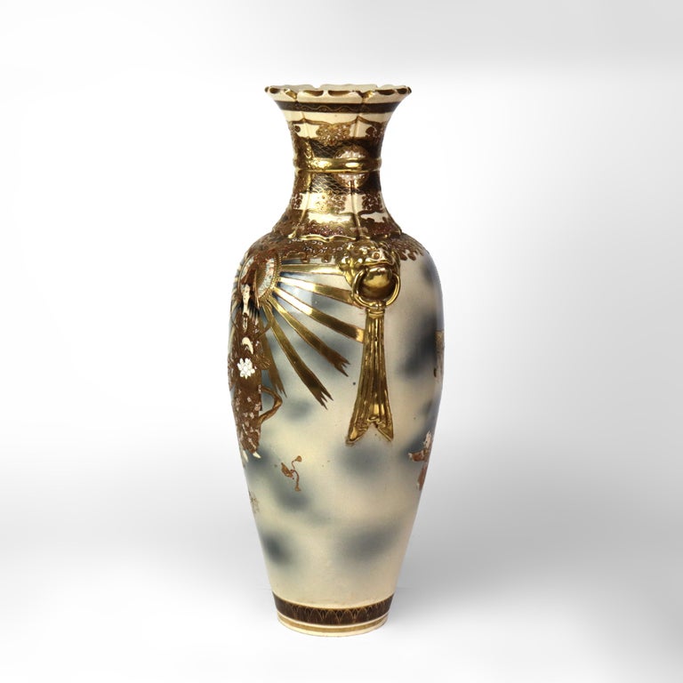 Antique Japanese Meiji Satsuma Figural Gilt Pottery Vase C1900