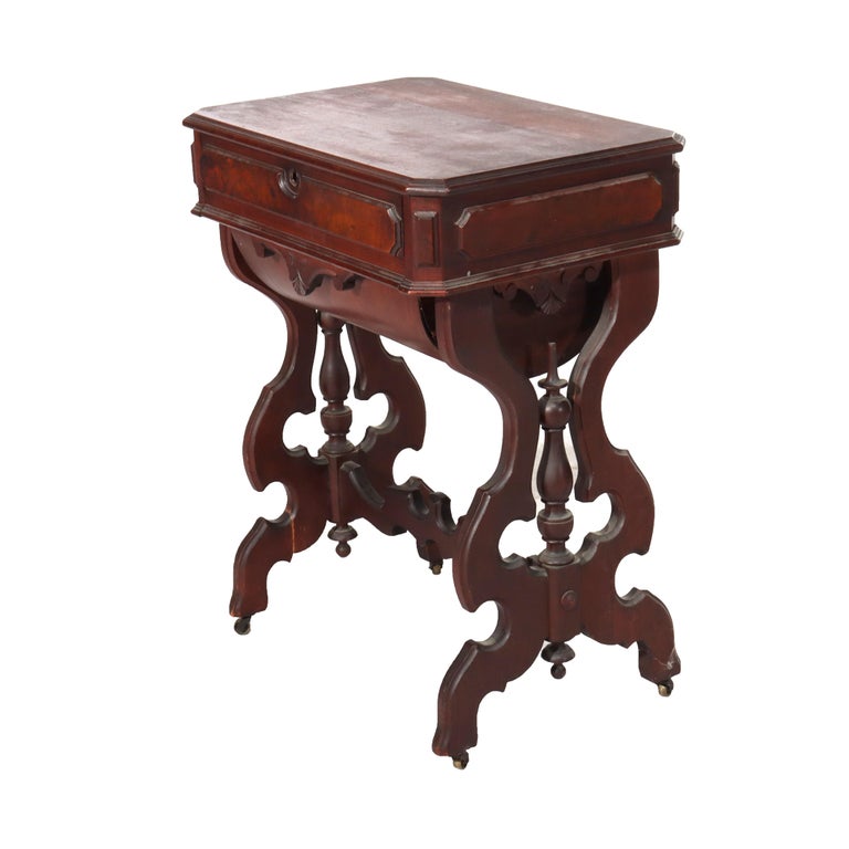 Antique Victorian Renaissance Revival Walnut & Burl Sewing Stand C1880