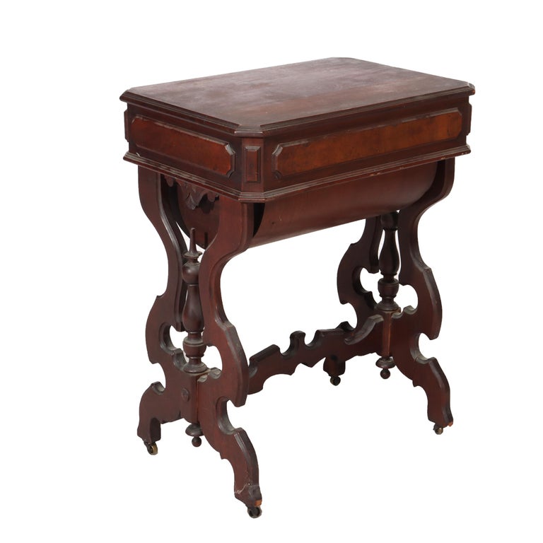 Antique Victorian Renaissance Revival Walnut & Burl Sewing Stand C1880