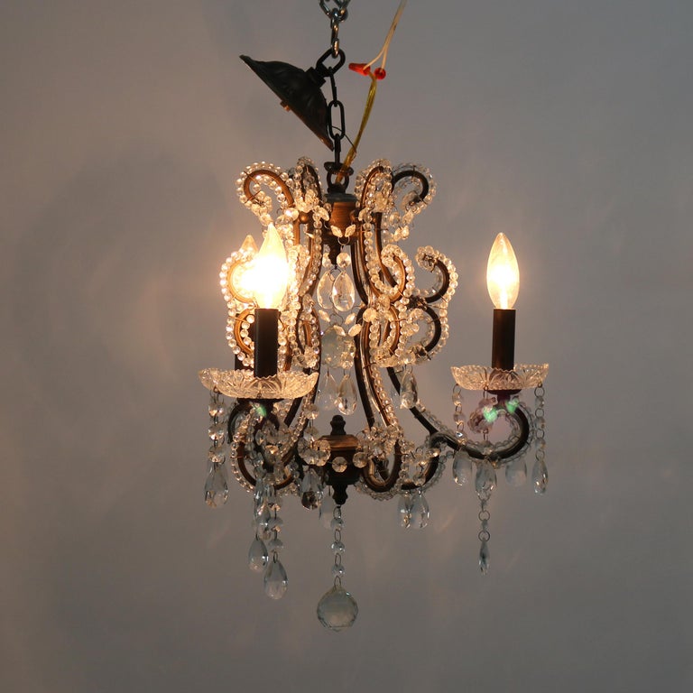 Vintage Crystal Bead and Cut Crystal Three Light Chandelier C1940