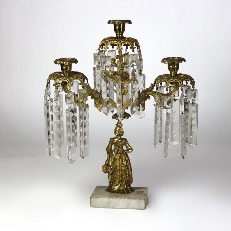 Pair of Antique Figural Brass, Crystal & Marble Girandoles C1920