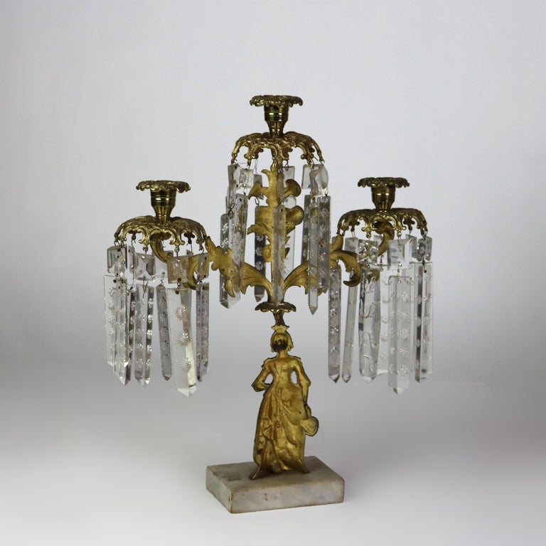 Pair of Antique Figural Brass, Crystal & Marble Girandoles C1920