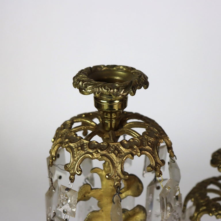 Pair of Antique Figural Brass, Crystal & Marble Girandoles C1920