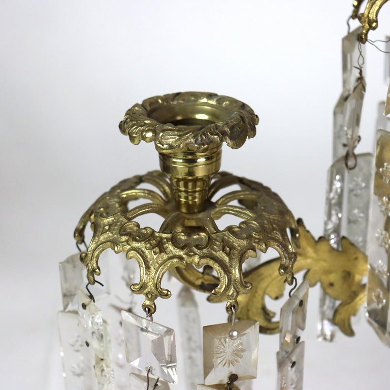 Pair of Antique Figural Brass, Crystal & Marble Girandoles C1920