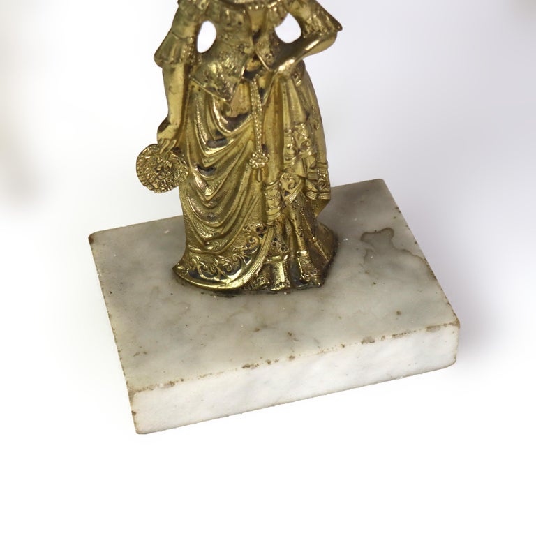 Pair of Antique Figural Brass, Crystal & Marble Girandoles C1920