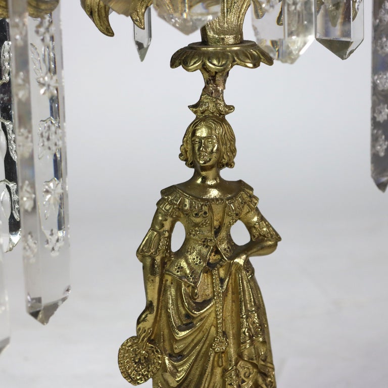 Pair of Antique Figural Brass, Crystal & Marble Girandoles C1920