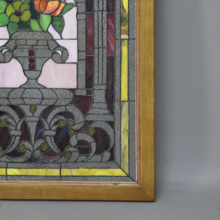 Vintage Neoclassical Style Floral Stained & Jeweled Glass Window 20thC
