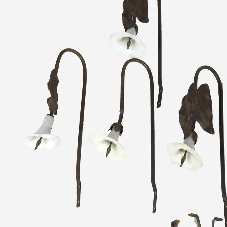 Six Antique Lily Form Floral Brass & Opalescent Glass Tie Backs C1890