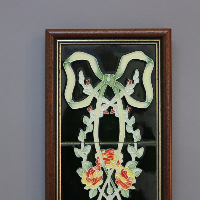 Framed Ceramic Tiled Wall Plaque with Roses 20thC