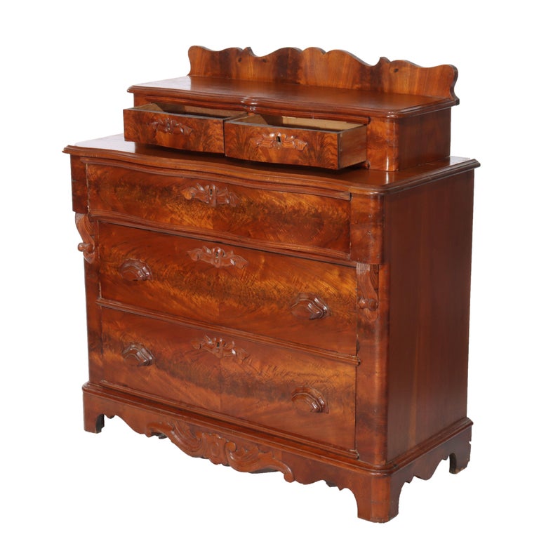 Antique Victorian Carved Flame Mahogany Five Drawer Chest C1880