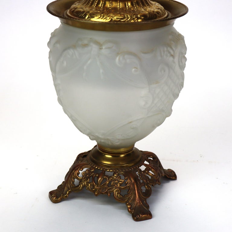 Antique Opalescent Embossed Glass Gone with the Wind Oil Lamp C1890