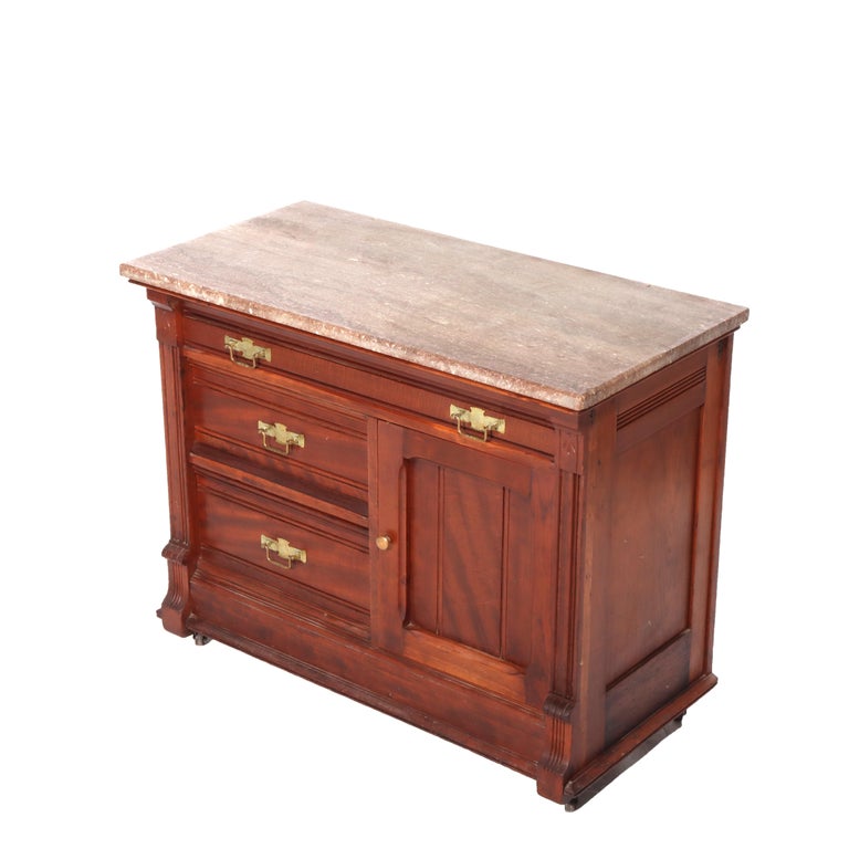 Antique Eastlake Walnut & Burl Marble Top Washstand C1890