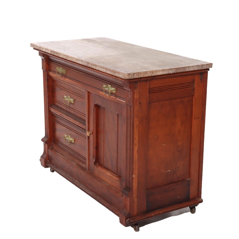 Antique Eastlake Walnut & Burl Marble Top Washstand C1890