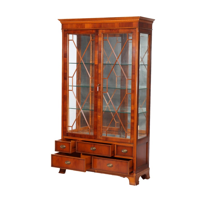 Antique Mahogany & Satinwood Two Door Five Drawer China Cabinet C1920