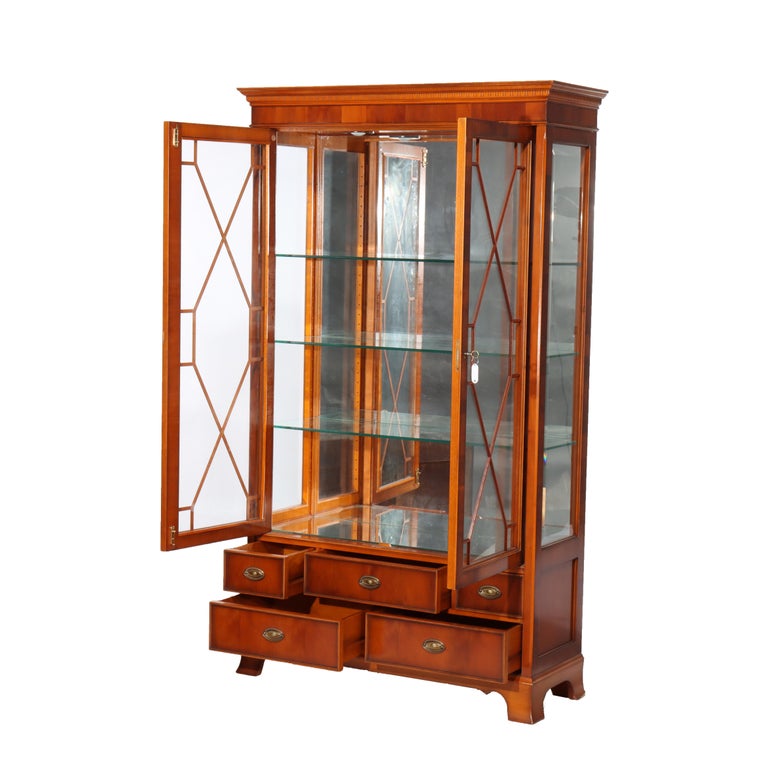 Antique Mahogany & Satinwood Two Door Five Drawer China Cabinet C1920