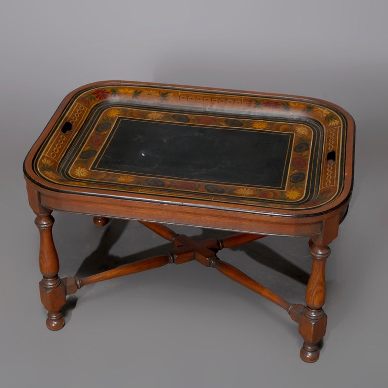 English Georgian Style Walnut Tea Table & Removable Toleware Serving Tray 20th