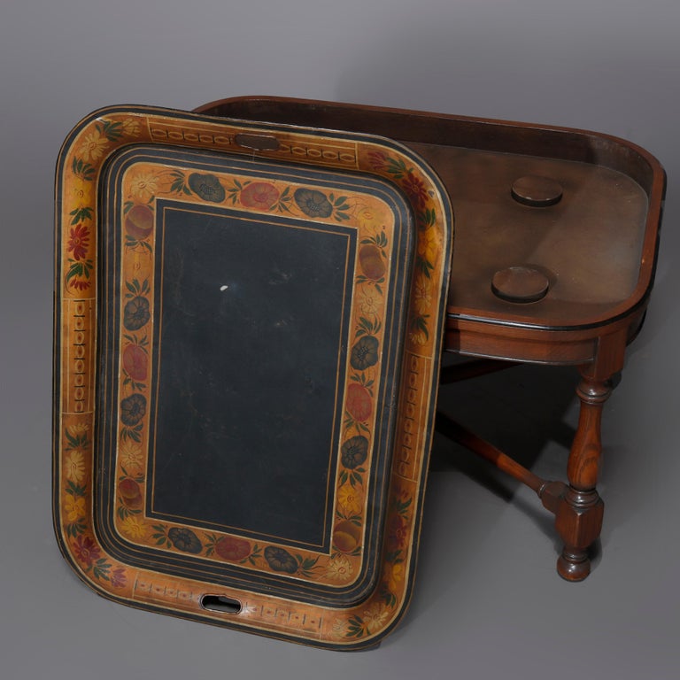 English Georgian Style Walnut Tea Table & Removable Toleware Serving Tray 20th