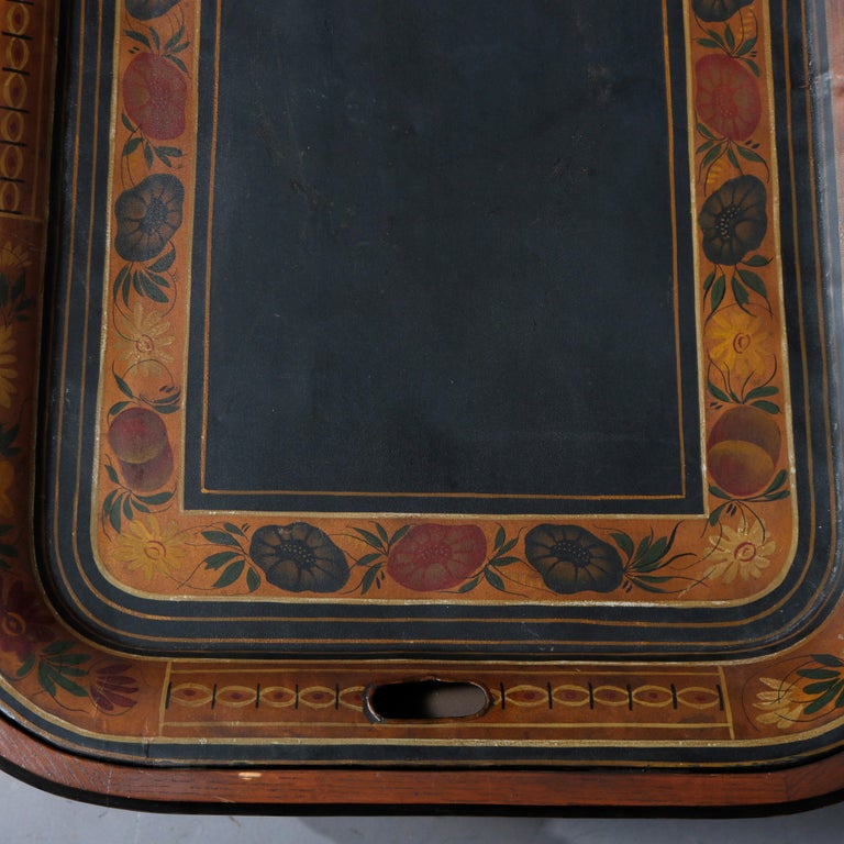 English Georgian Style Walnut Tea Table & Removable Toleware Serving Tray 20th