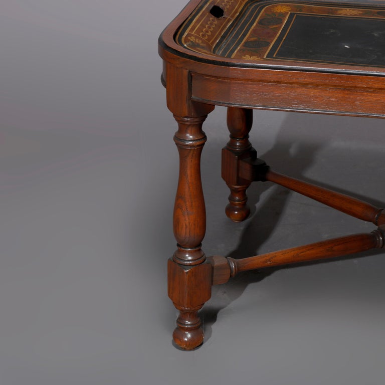 English Georgian Style Walnut Tea Table & Removable Toleware Serving Tray 20th