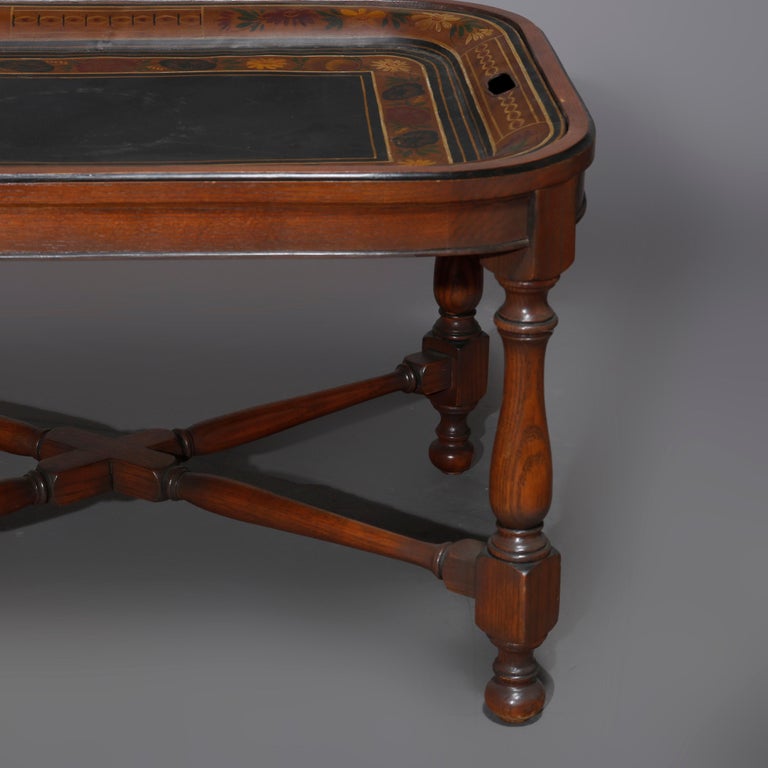 English Georgian Style Walnut Tea Table & Removable Toleware Serving Tray 20th
