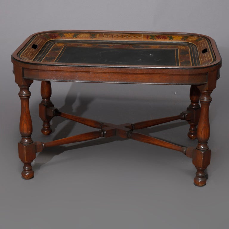 English Georgian Style Walnut Tea Table & Removable Toleware Serving Tray 20th