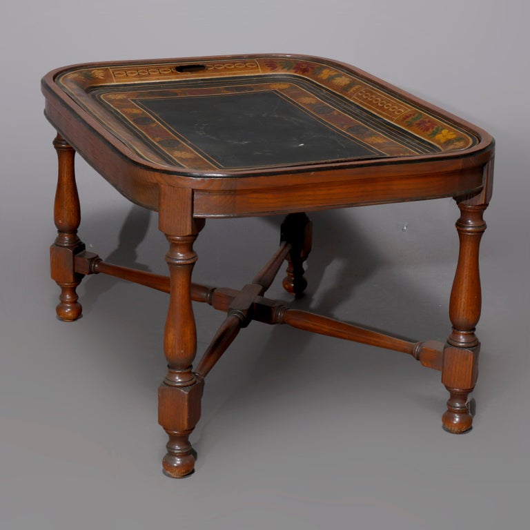 English Georgian Style Walnut Tea Table & Removable Toleware Serving Tray 20th