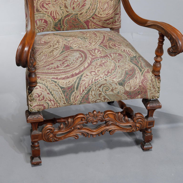 Antique Italian Renaissance Revival Style Carved Walnut Throne Chair, circa 1900