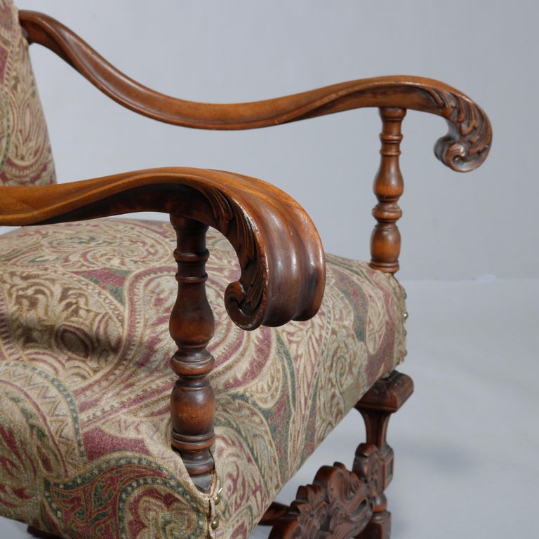 Antique Italian Renaissance Revival Style Carved Walnut Throne Chair, circa 1900