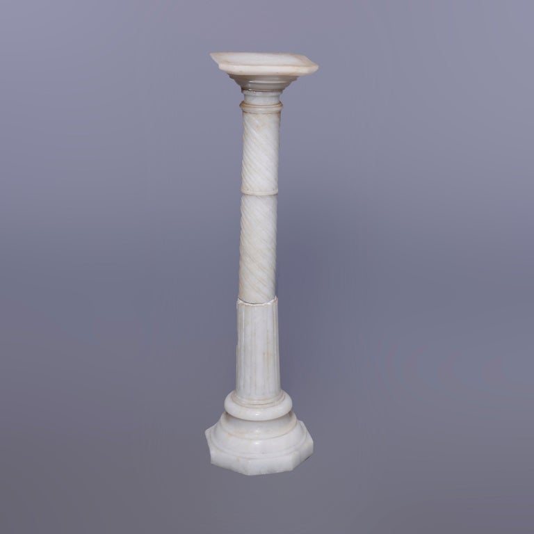 Antique Neoclassical Carved Alabaster Sculpture Pedestal, Rope Twist Form, 1890