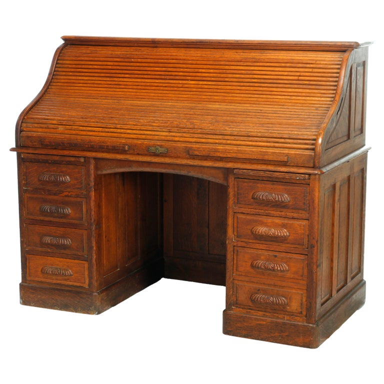 Antique Derby School Paneled Oak Roll Top Desk with Full Interior, C1900