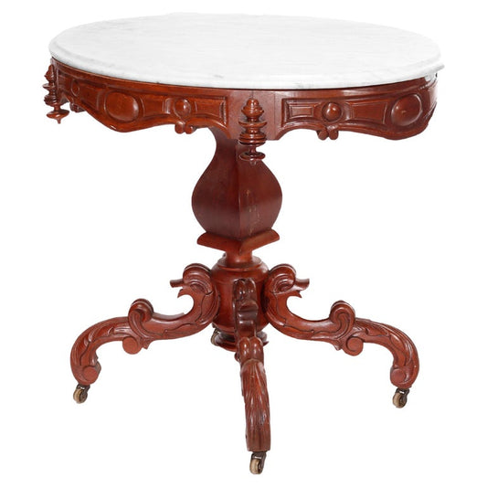 Antique Renaissance Revival Figural Carved Oval Marble Top Parlor Table, c1880