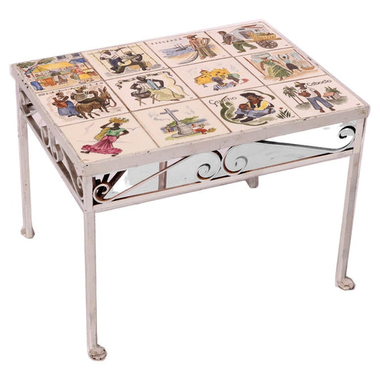 Antique Arts & Crafts Spanish Wrought Iron & Tile Top Table, Genre Scenes, 1930