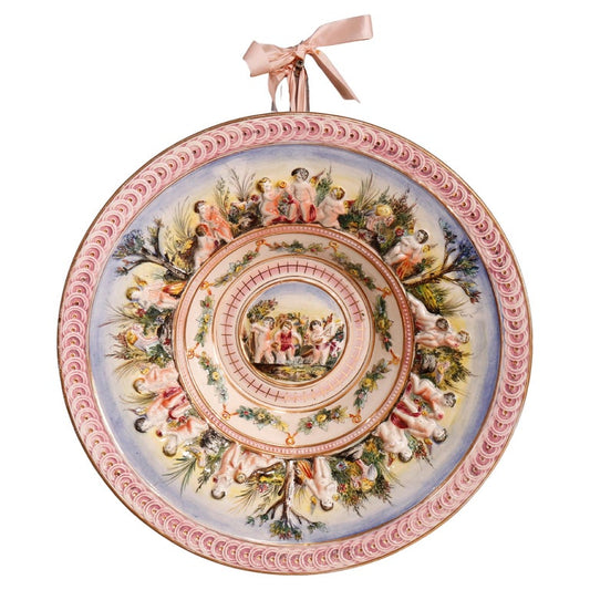 Large Italian Capodimonte Porcelain Center Bowl, Cherubs Scene in Relief, 20th C