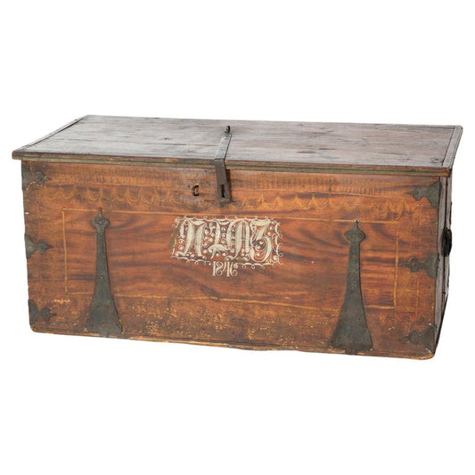 Antique Folk Art Grain Painted Blanket Chest with Strap Hinges, Dated 1846
