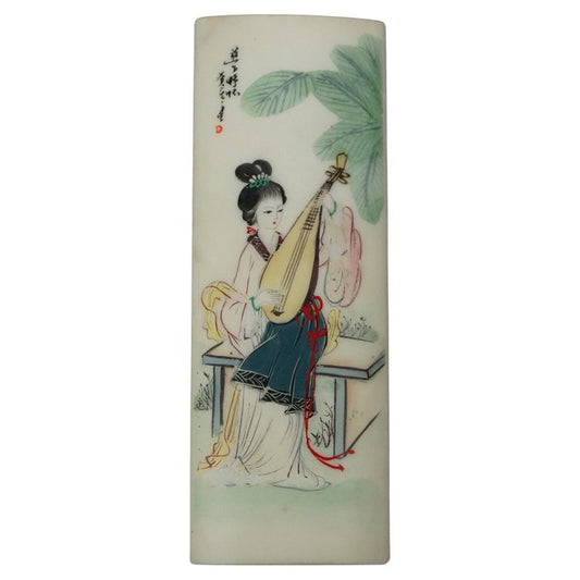 Chinese Hand Painted Hard Stone Paperweight with Woman & Instrument 20th C