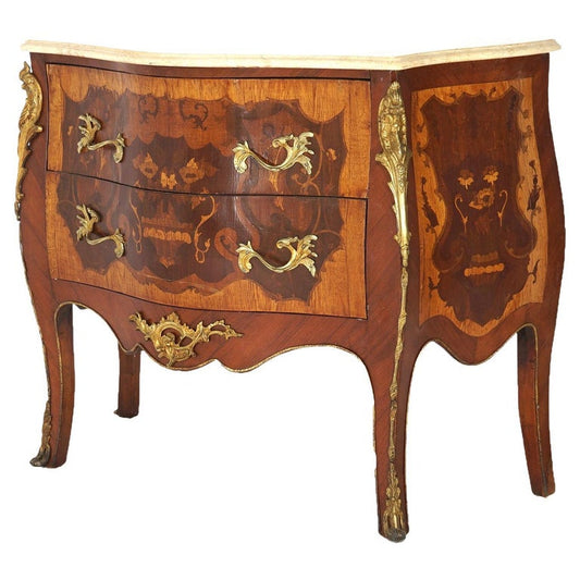 Antique Louis XV Style Marble, Ormolu, Satinwood & Kingwood Inlaid Commode 20thC