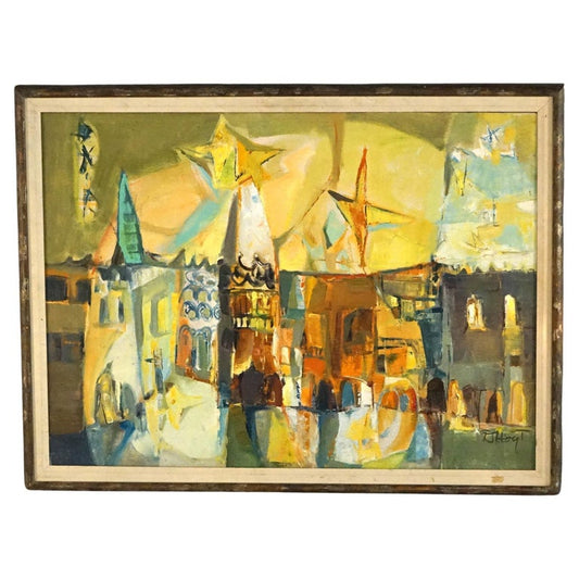 Mid Century Modern Oil On Canvas “Venitian Night” By D. Hoyt Mid 20thC