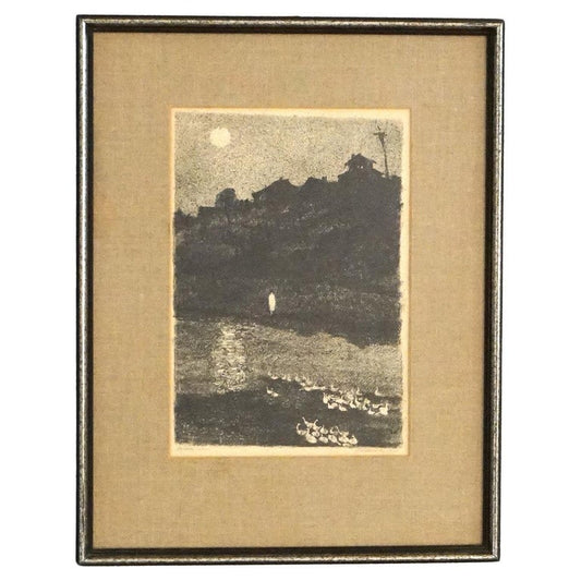 Mid Century Modern Impressionist Litho Night Scene Pencil Titled & Signed