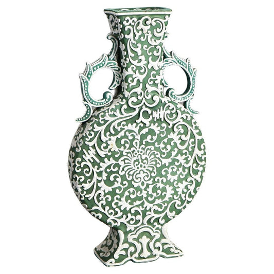 Antique Japanese Moriage Green Pottery Pillow Vase C1920