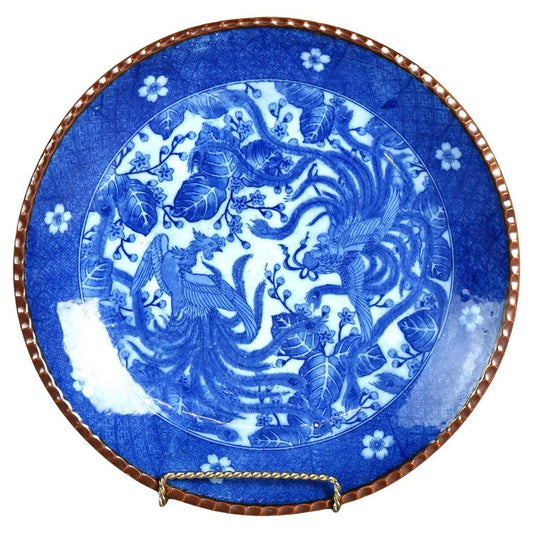 Antique Imari Meiji Blue & White Porcelain Charger with Birds Circa 1910