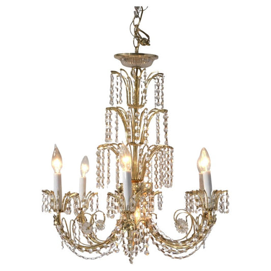 French Style Brass & Crystal Tiered Prism Chandelier 20th C