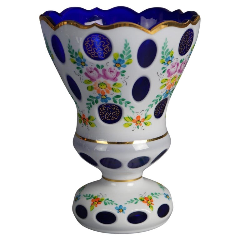 Bohemian Hand Painted & Gilt Cobalt Cut to Clear Glass Footed Vase 20thC
